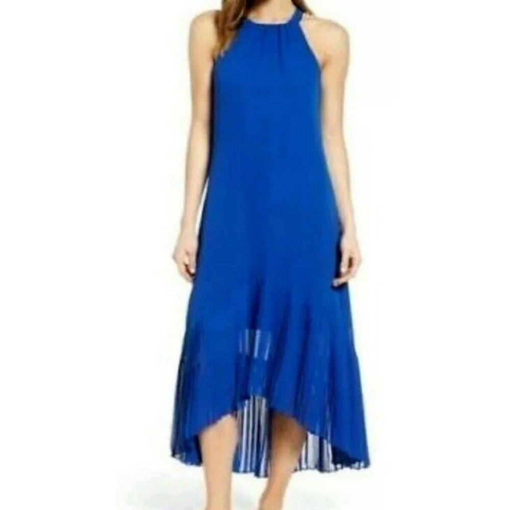 Vince Camuto Women's Size 8P Blue Chiffon Pleated Tie Back Sleeveless Dress‎